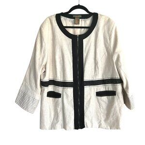 Vtg Anne Carson Linen Jacket • Women’s 3X • Cream w/ Black Trim Zip Up Blazer